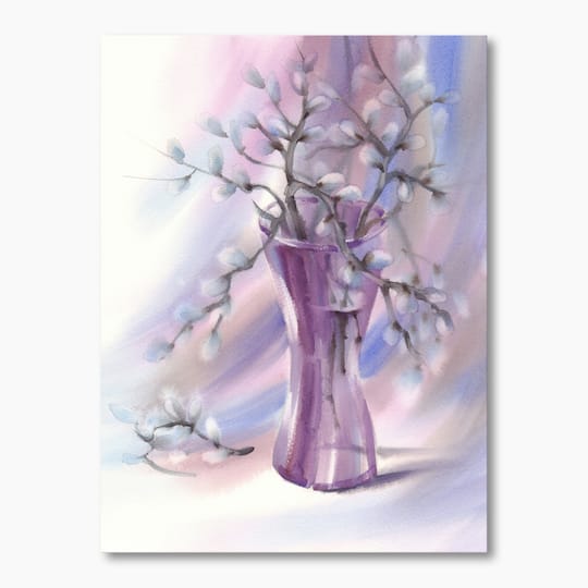 Designart - Pussy Willow Branches In Violet Glass Vase